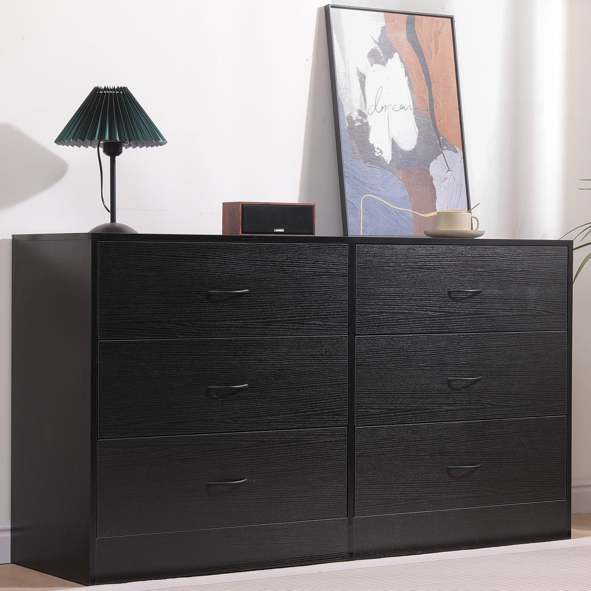 SUGIFT 6 Drawer Double Dresser Black Wood Dresser for Bedroom SUGIFT 6 Drawer Double Dresser Black Wood Dresser for Bedroom