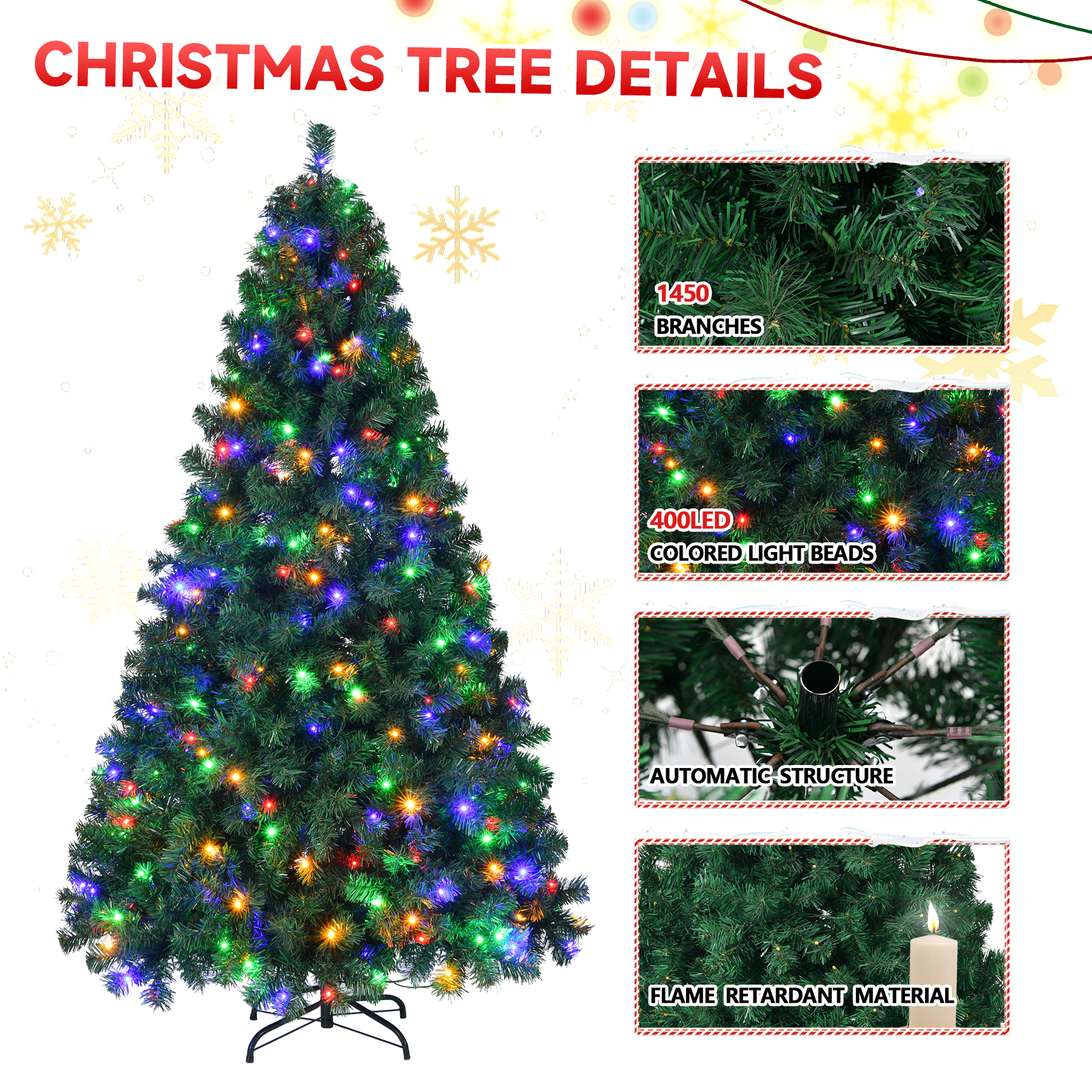 7.5ft Prelit Christmas Tree with 400 Color Changing LEDs and Foldable Stand