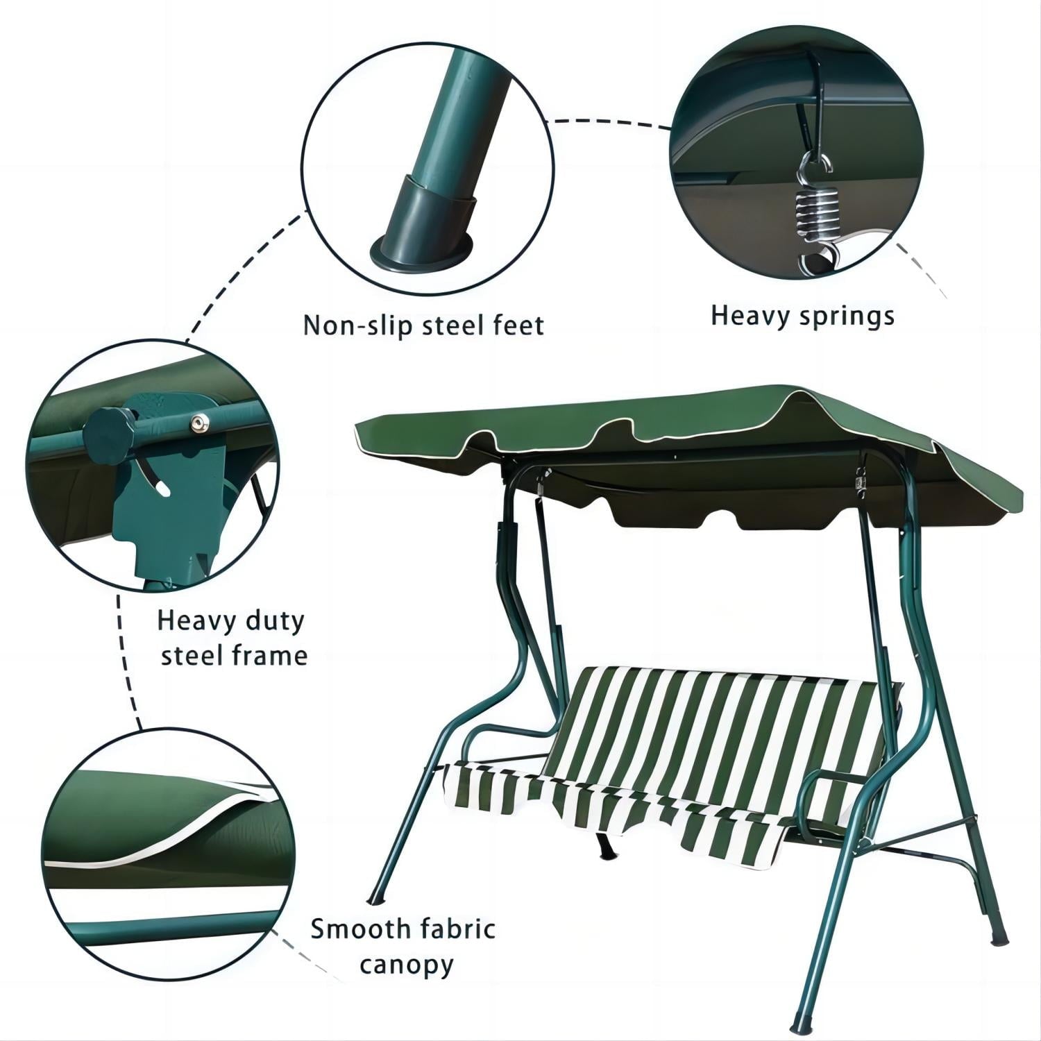 YouYeap 3 Seat Outdoor Patio Swing Chair with Removable Cushion, Green