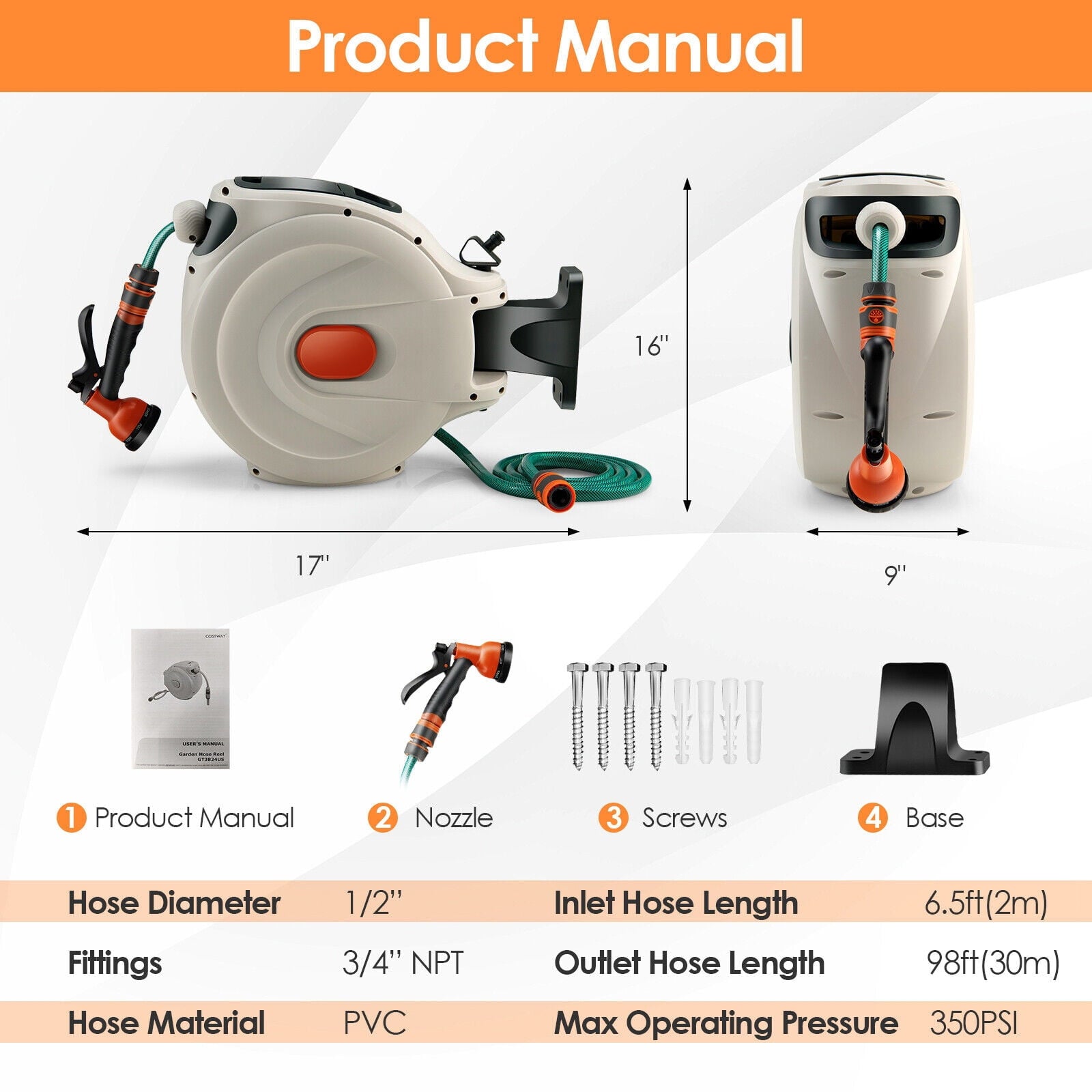 SUGIFT Retractable Hose Reel Wall Mounted 1/2 inch 98 feet Any Length Lock with Hose Nozzle for Garden White