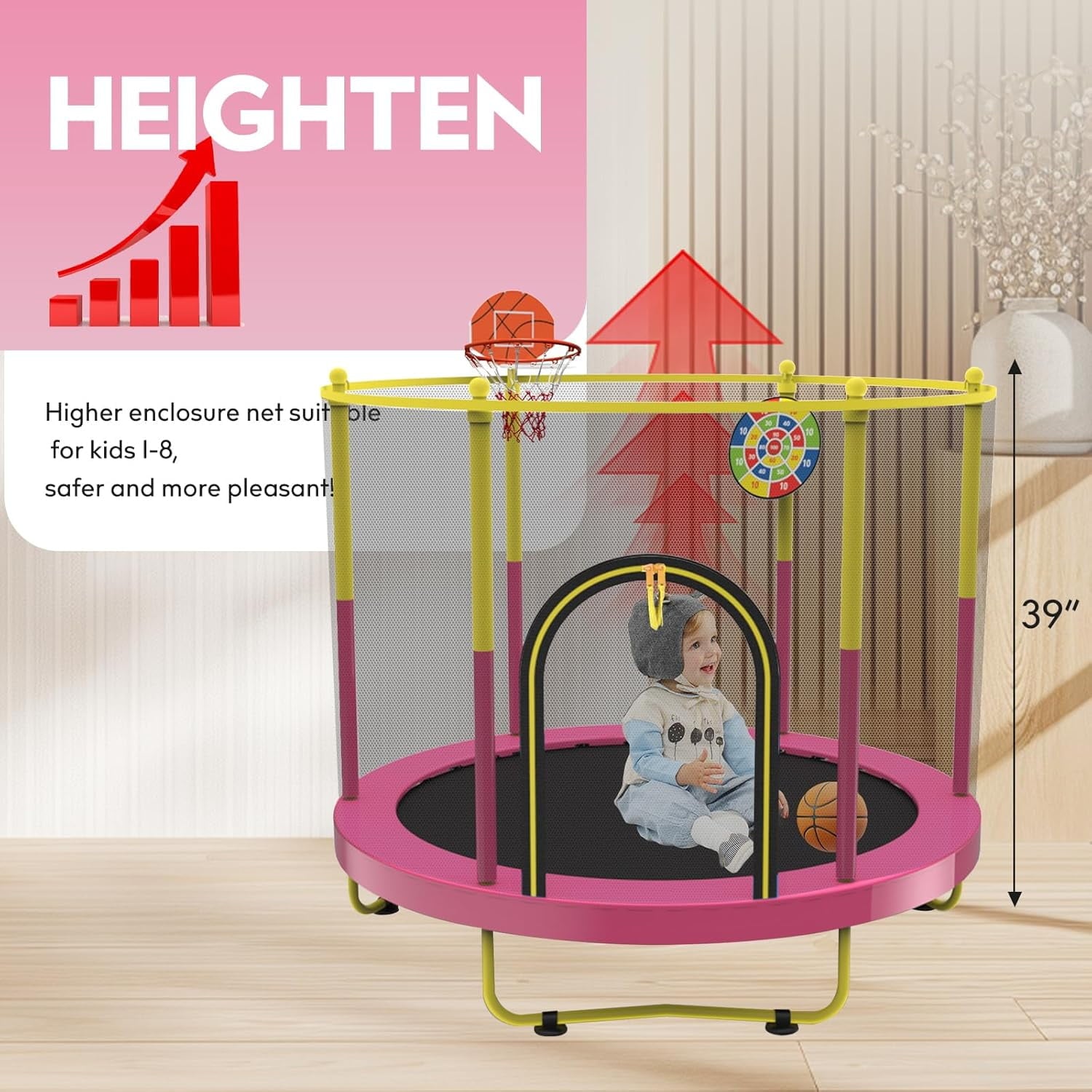 72in Trampoline for Kids with Net,6 FT Indoor & Outdoor Small Toddler Trampoline, Pink