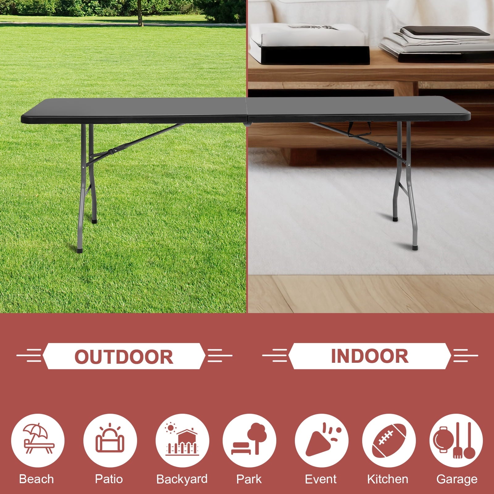 SUGIFT 8ft Folding Table Heavy-Duty Foldable Table for Indoor and Outdoor Use