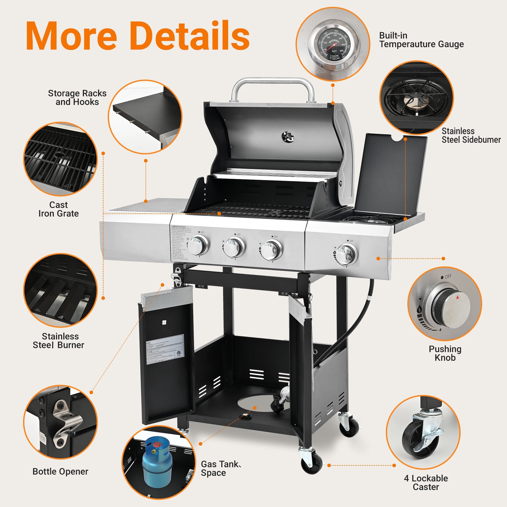SUGIFT Propane Grill 3 Burner Barbecue Grill Stainless Steel Gas Grill with Side Burner & grill Cover