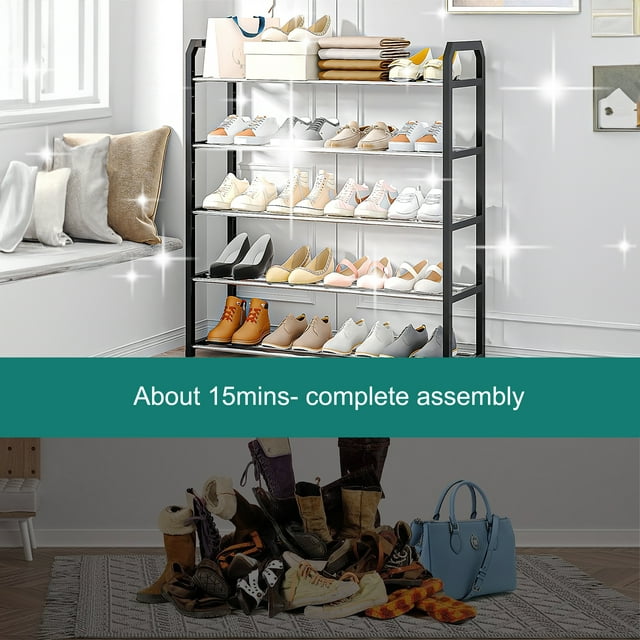 SUGIFT 5-Tier Stackable Shoe Rack, 15-Pairs Sturdy Shoe Shelf Storage , Black Shoe Tower for Bedroom, Entryway, Hallway, and Closet