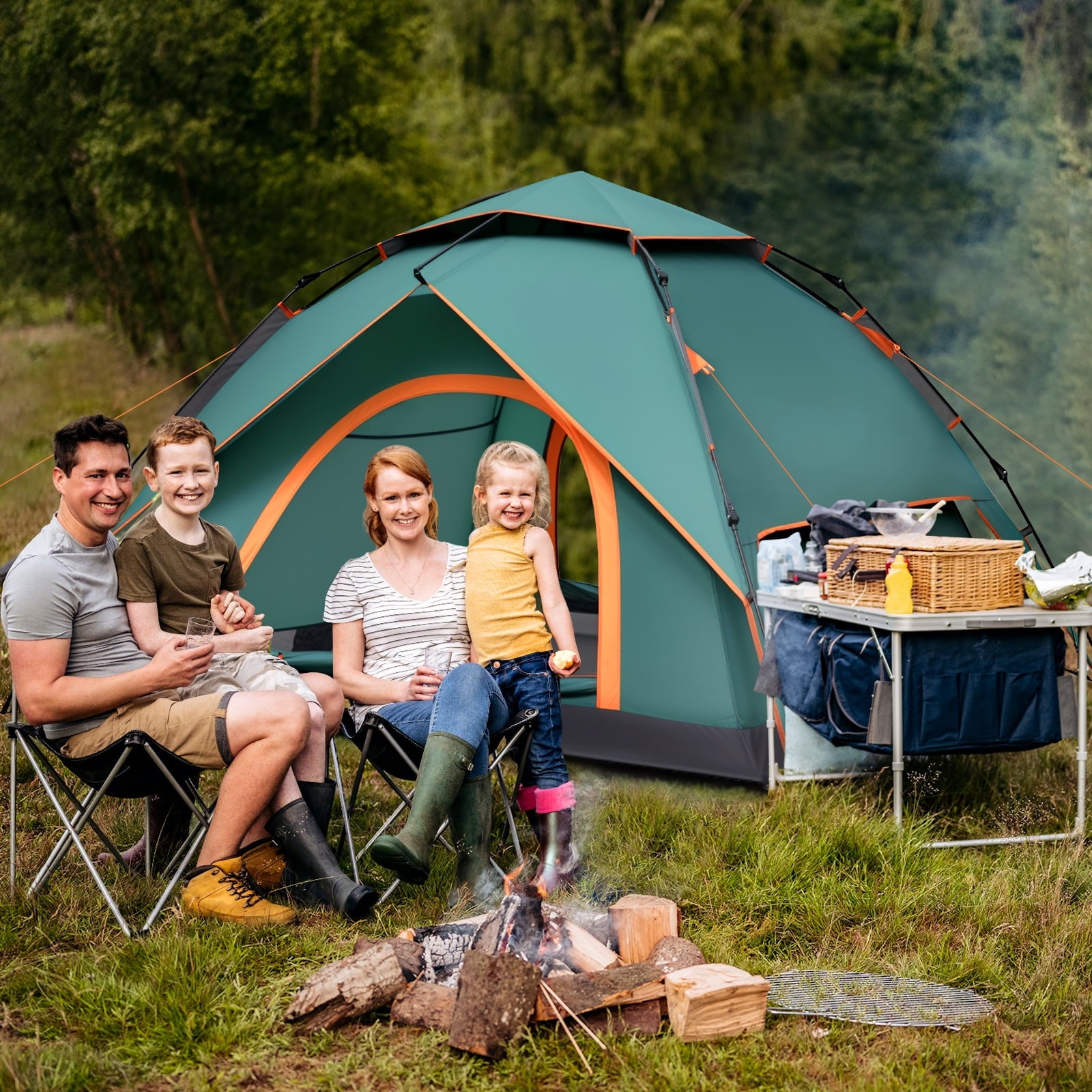 SUGIFT 3-4 Person Instant Pop-Up Camping Tent with Carry Bag Double Layer Waterproof Tents for Beach Traveling Outdoor Green