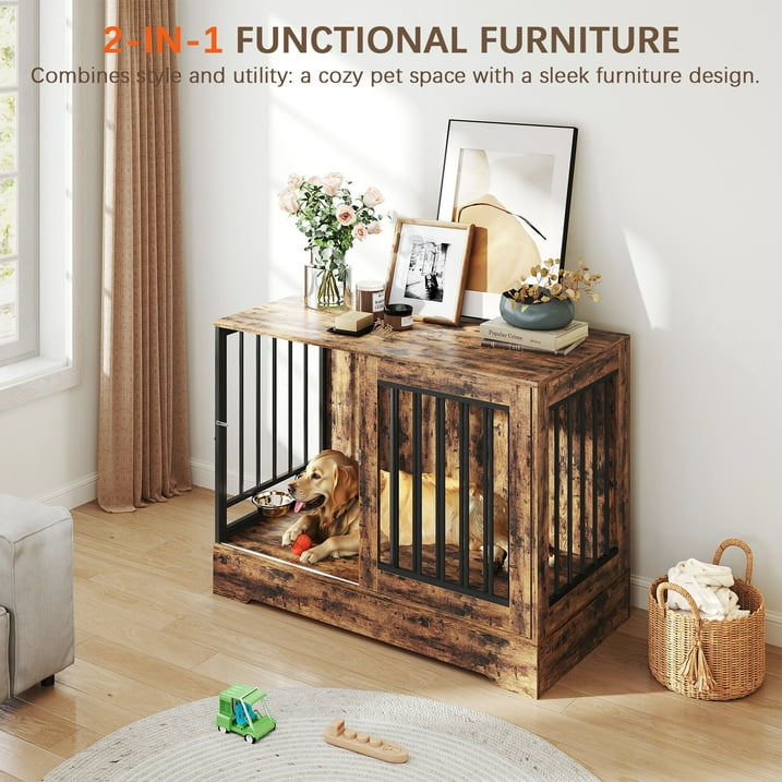 SUGIFT 47in Wooden Dog Crate Furniture with Double Doors, Rustic Brown Indoor Dog Kennel End Table for Large Dogs