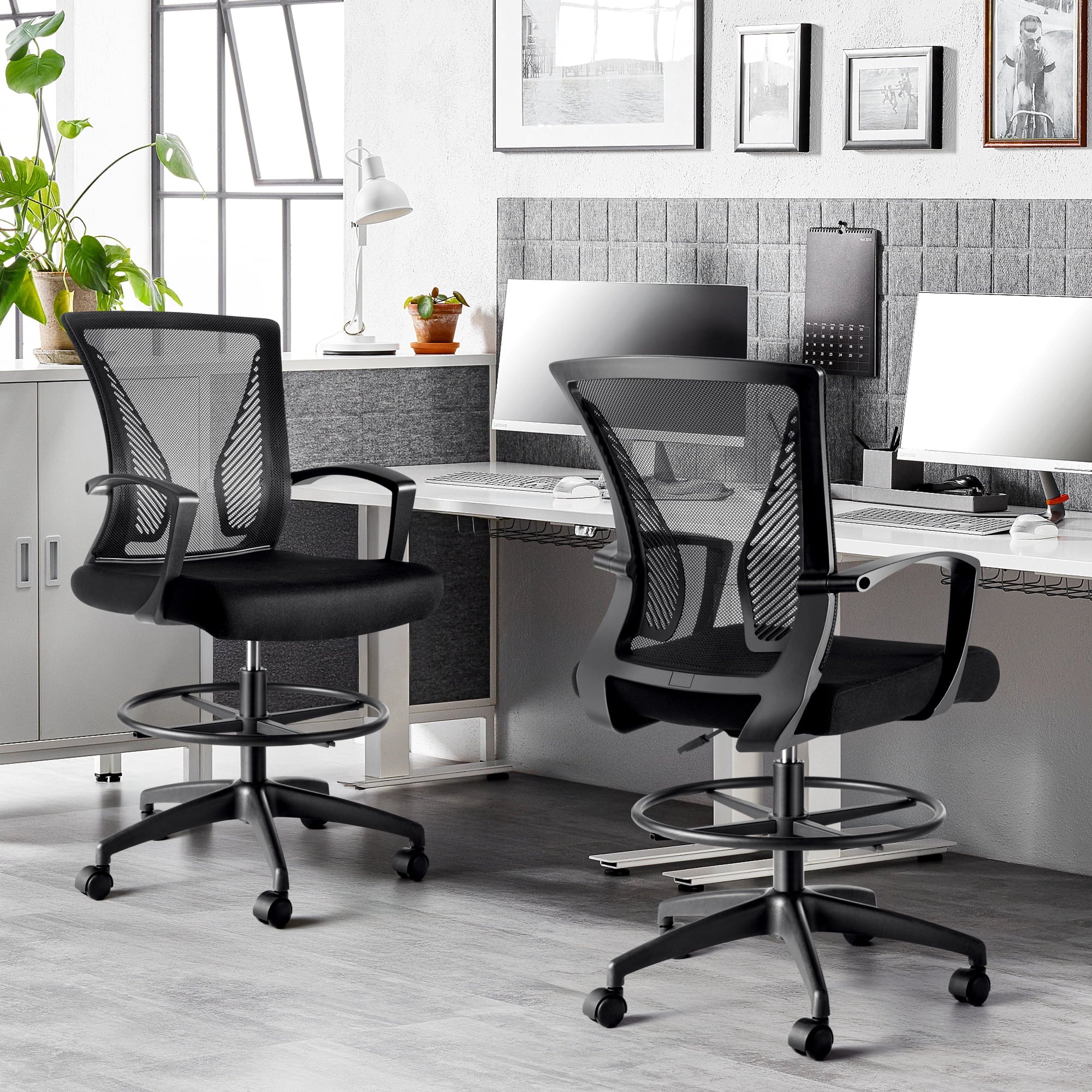 SUGIFT Drafting Chair Tall Office Chair with Lumbar Support and Adjustable Footrest Ring, Black