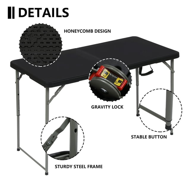 TBKLEY 4ft Portable Plastic Folding Tables for Home Garden Office Indoor Outdoor, Black