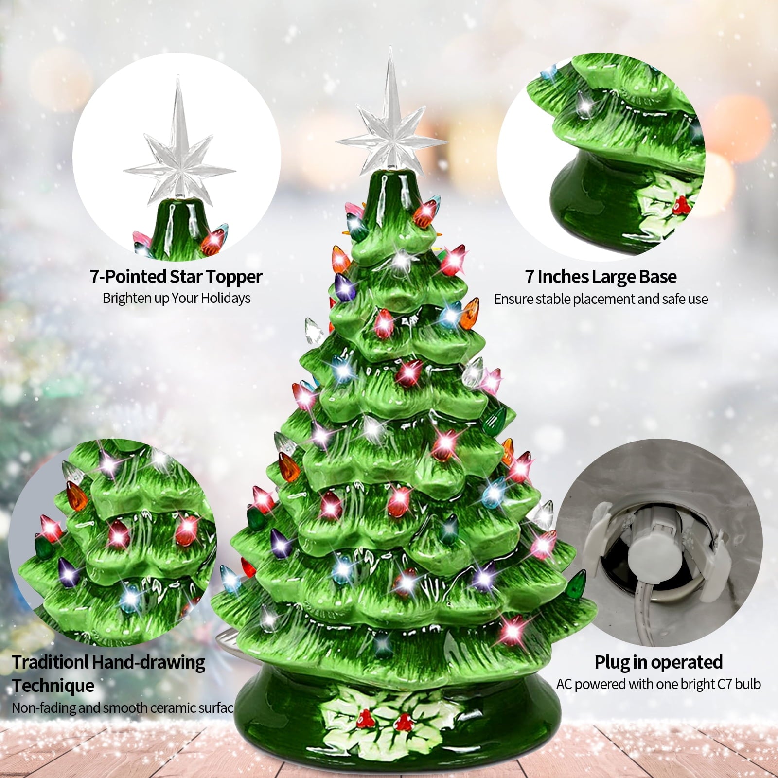 SUGIFT 15'' Pre-Lit Tabletop Ceramic Christmas Tree with 66 Multi Color Lights and 2 Star Toppers, Green