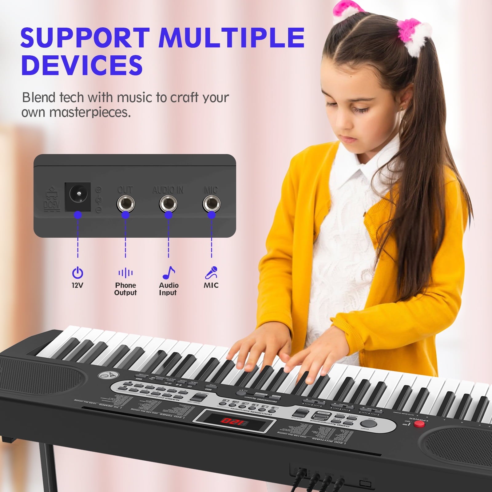 SUGIFT 61 Key Electric Keyboard Piano with Lighted Keys Portable Piano Kit, Black