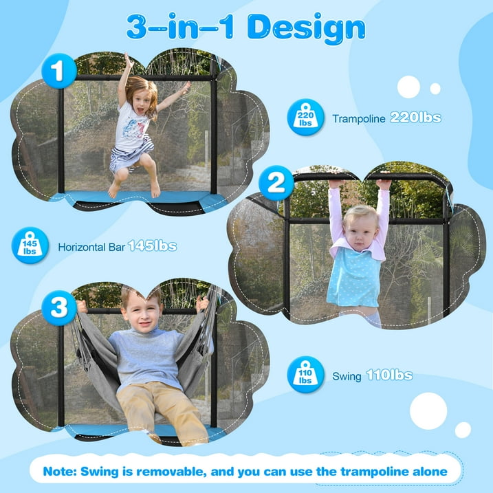 SUGIFT 3-in-1 Kids Trampoline with Swing Horizontal Bar, Indoor/Outdoor, Ages 3¨C8, Blue