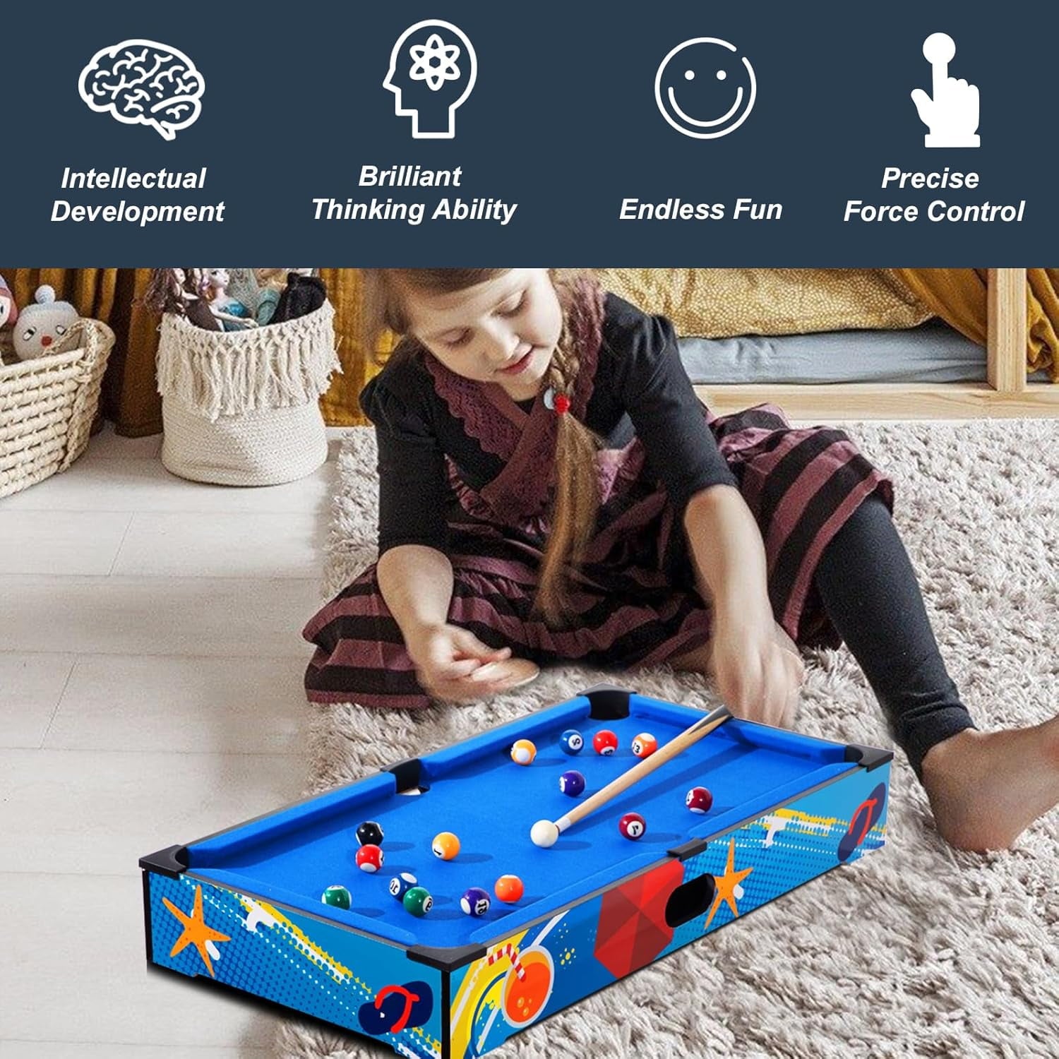 SUGIFT 27in Mini Pool Table Set Tabletop Portable Billiards Game w/Small Billiards Balls Pool Cues Triangle Rack Chalk Brush for Adults Kids Cats Toddlers