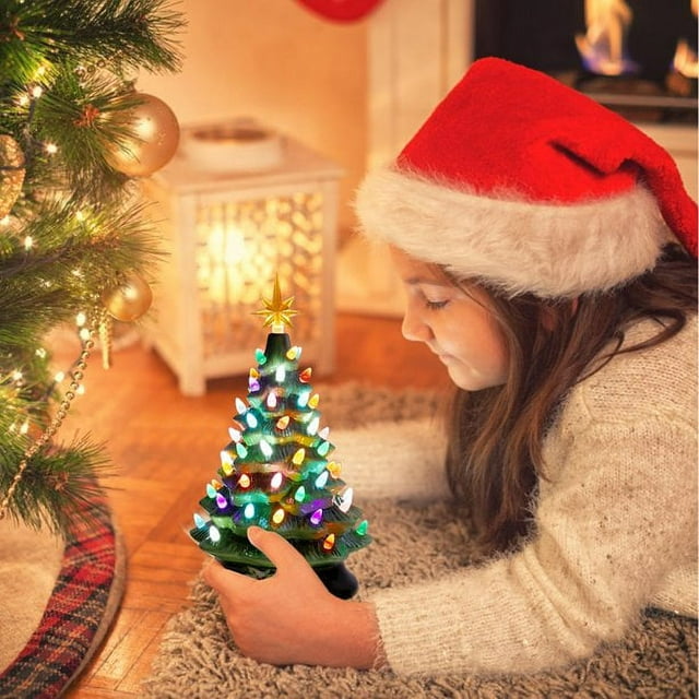 SUGIFT 15in Pre-Lit Hand-Painted Ceramic Tabletop Christmas Tree with 64 Lights - Green