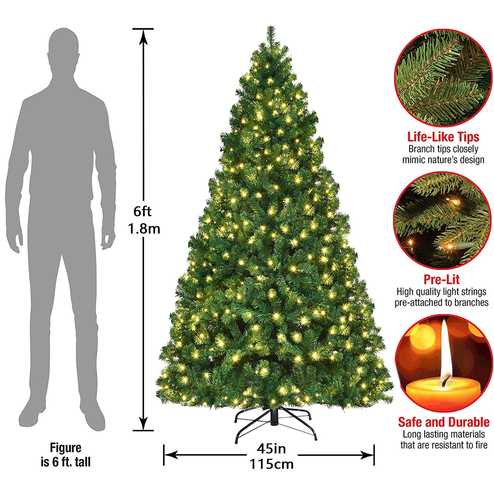 SUGIFT Pre-Lit Artificial Christmas Tree 6ft, Green