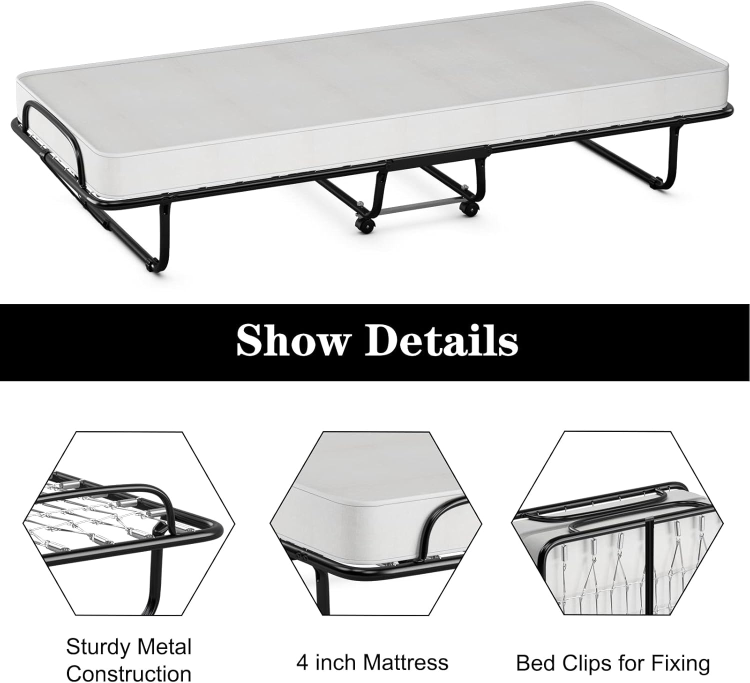 SUGIFT Deluxe Diplomat Folding Bed with Mattress for Adults, Twin Size, Portable Foldable Bed with Luxurious Memory Foam Mattress and Super Strong Frame