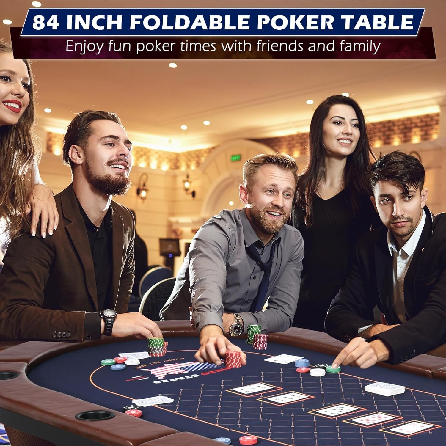 SUGIFT 10 Player Foldable Poker Table Texas Holdem Table Folding Leisure Game Table Portable Casino Table for Game Room with Padded Rails and Cup Holders Brown 84 inch