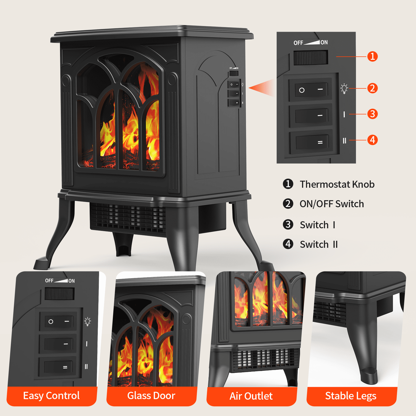 SUGIFT Electric Fireplace Infrared Stove Heater, Freestanding Fireplace Heater, 750W/1500W, Black