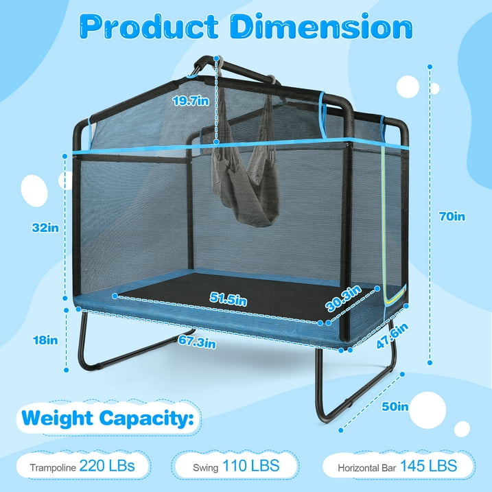 SUGIFT 3-in-1 Kids Trampoline with Swing Horizontal Bar, Indoor/Outdoor, Ages 3¨C8, Blue
