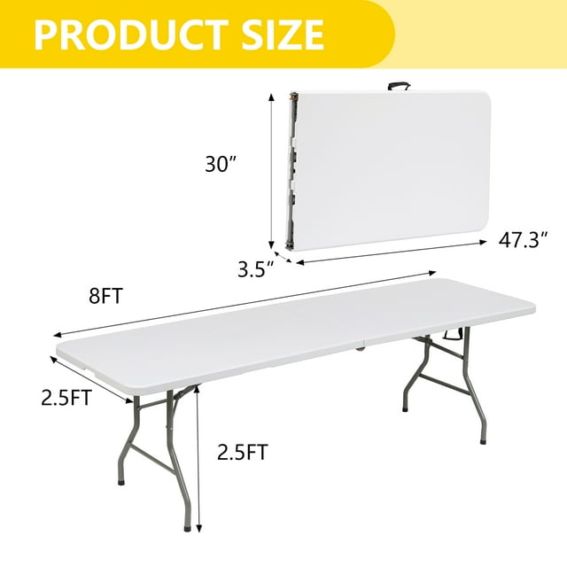 GIVIMO 8ft Long Folding Party Table for Office, Beach, Picnic, Garden, Home, Dining, Wedding Indoor Outdoor-White