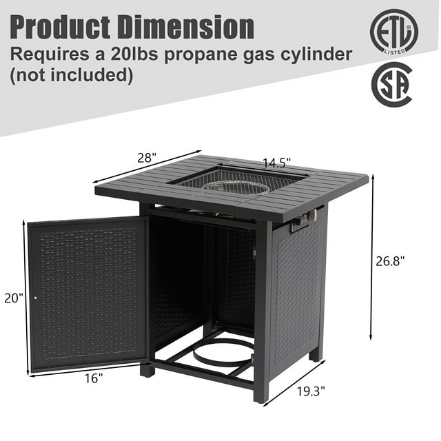 SUGIFT 28in Outdoor Gas Fire Pit Table 50,000 BTU Square Propane Fire Pit Table W/ Cover