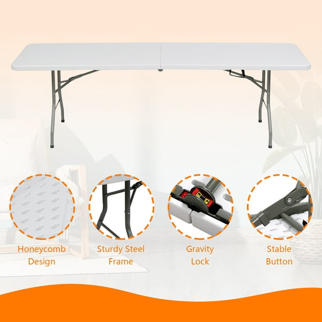 TBKLEY 8ft Portable Plastic Folding Tables for Home Garden Office Indoor Outdoor, White
