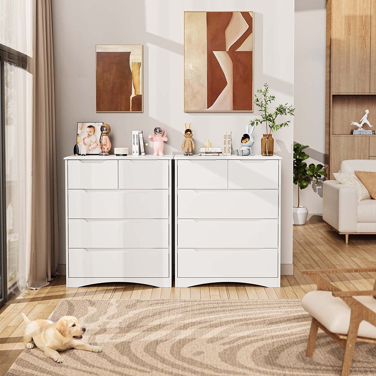 SUGIFT 5 Drawer Dresser Wood Chest of Drawers with Storage, Gray