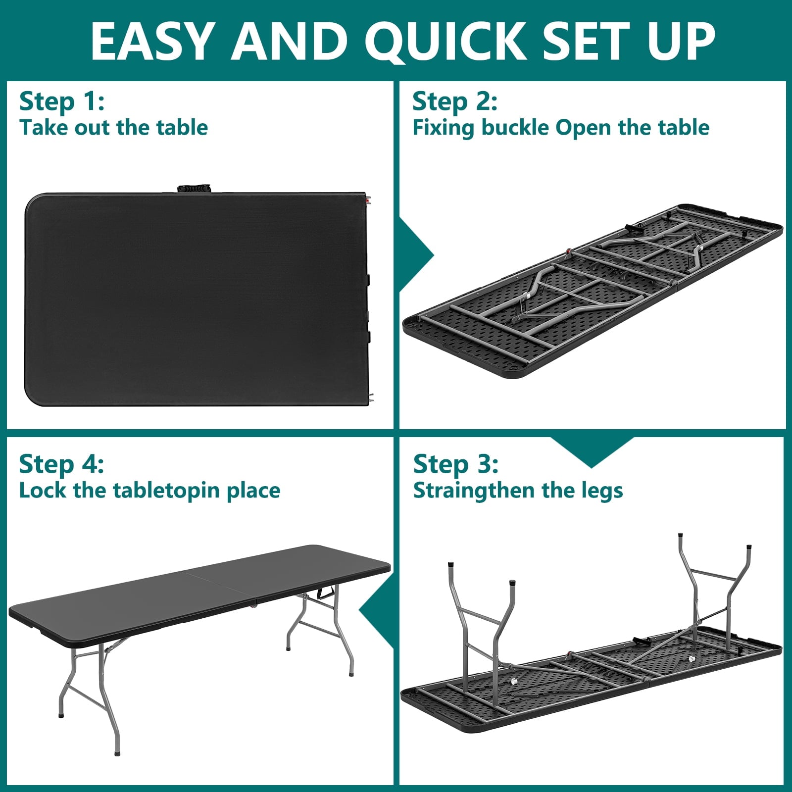 SUGIFT 8 Foot Folding Table Heavy Duty Plastic Portable Long Table for Indoor Outdoor Events, 10pack, Black