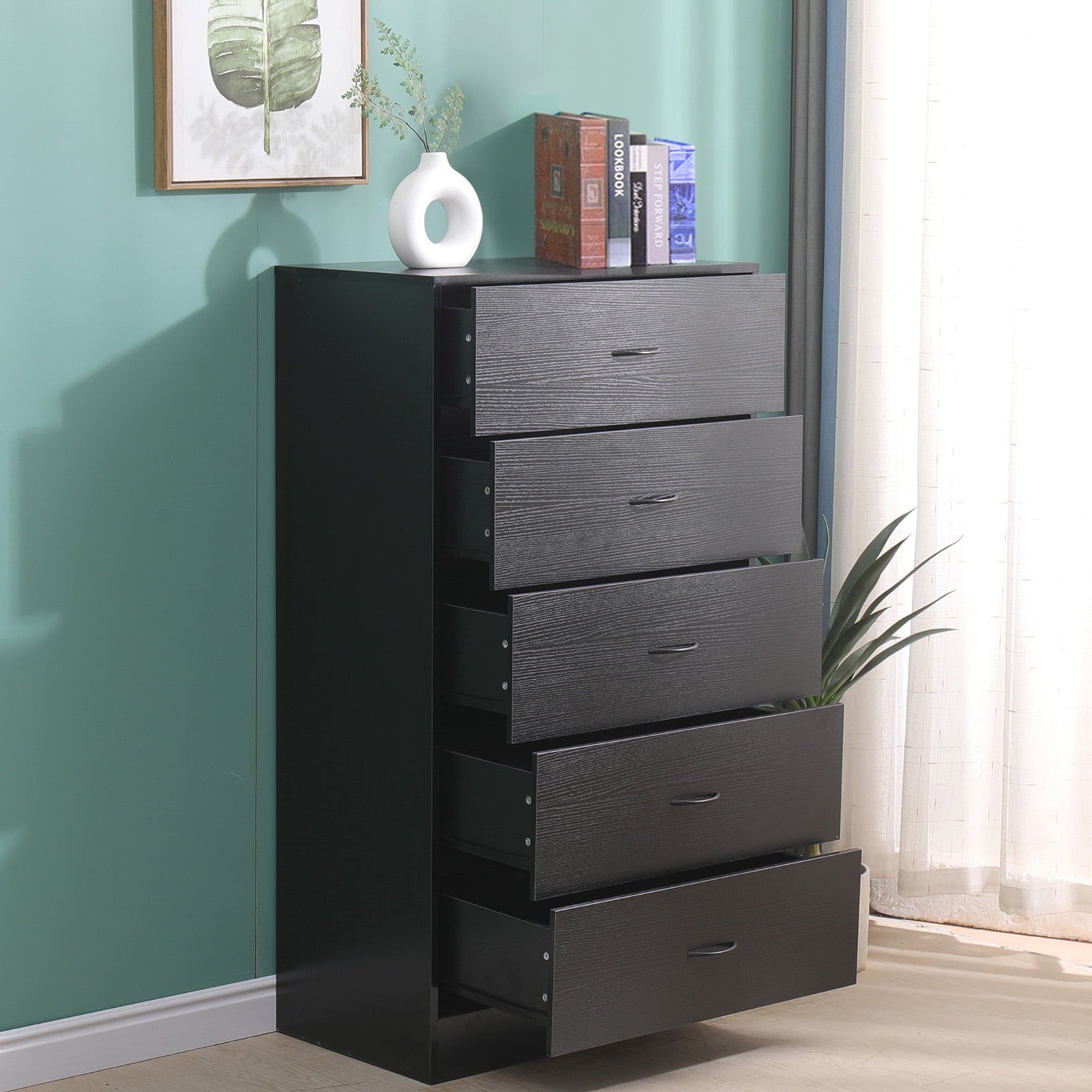 SUGIFT 5 Drawer Dresser, Modern Wood Chest of Drawers for Bedroom, Bla SUGIFT 5 Drawer Dresser, Modern Wood Chest of Drawers for Bedroom, Bla