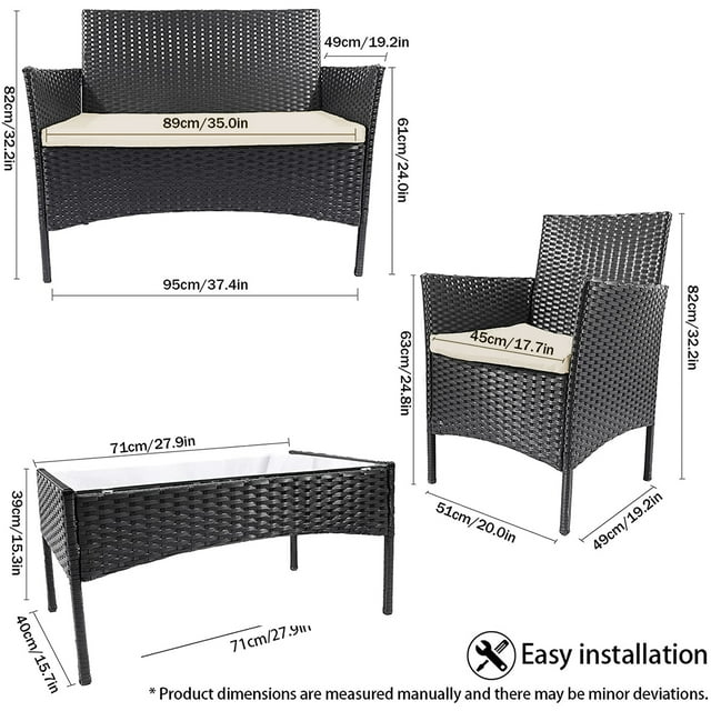 SUGIFT 4-Piece Outdoor Patio Rattan Furniture Set Conversation Set Cushioned Sofa Table Black