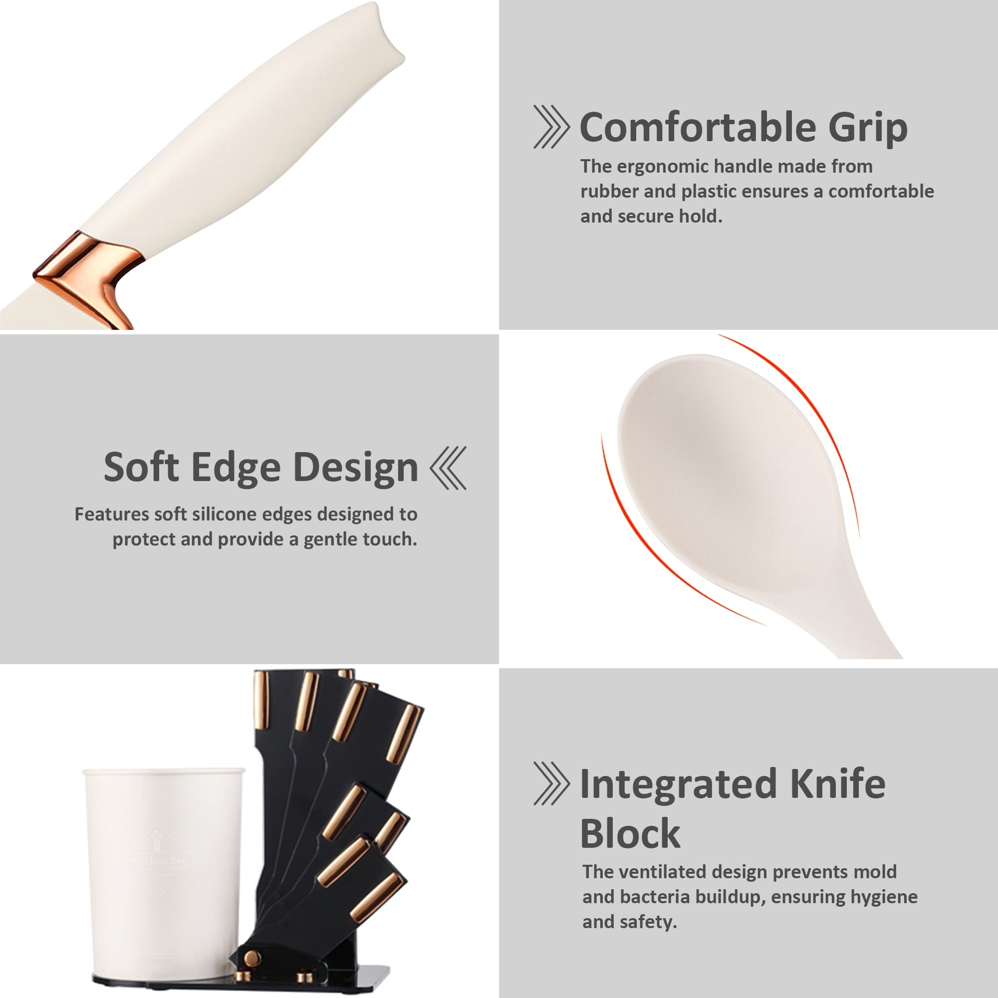 SUGIFT 19 Pcs Silicone Kitchen Utensils Set with Knives Set Wooden Handles Cooking Tools with Block Cream White