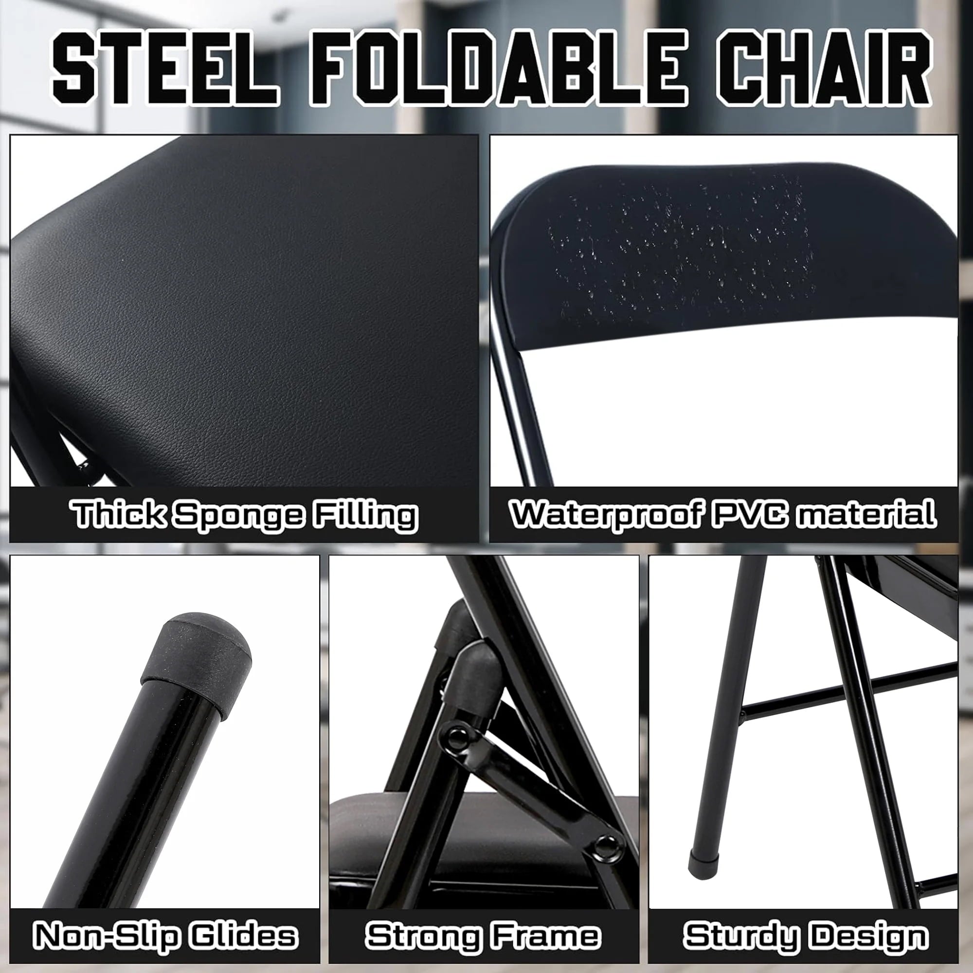 SUGIFT 6 Pack Padded Folding Chairs Set for Home and Office, Indoor and Outdoor Events (Black)