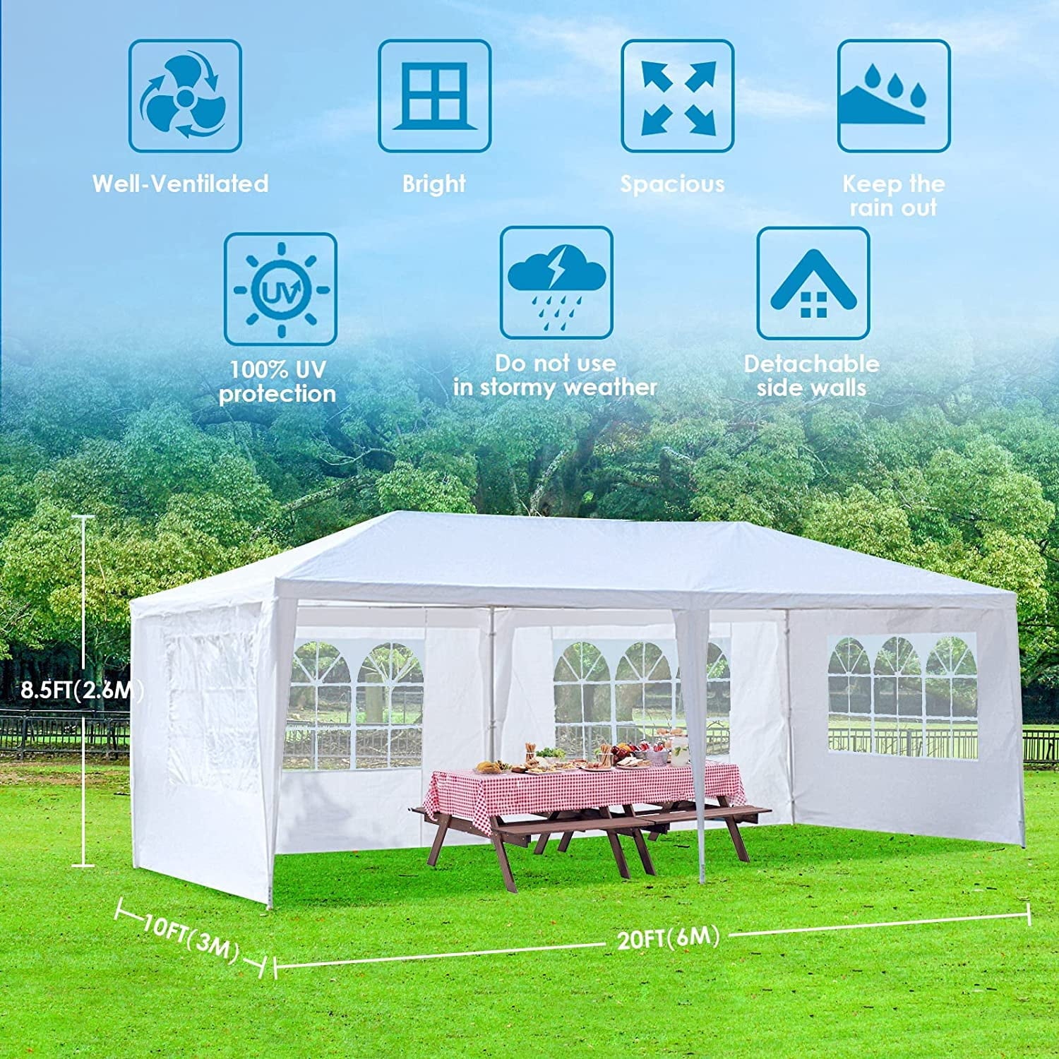 Large 10' x 20' Gazebo Canopy Party Tent with 4 Removable Window Side Walls, Wedding, Outside Event Tent-White