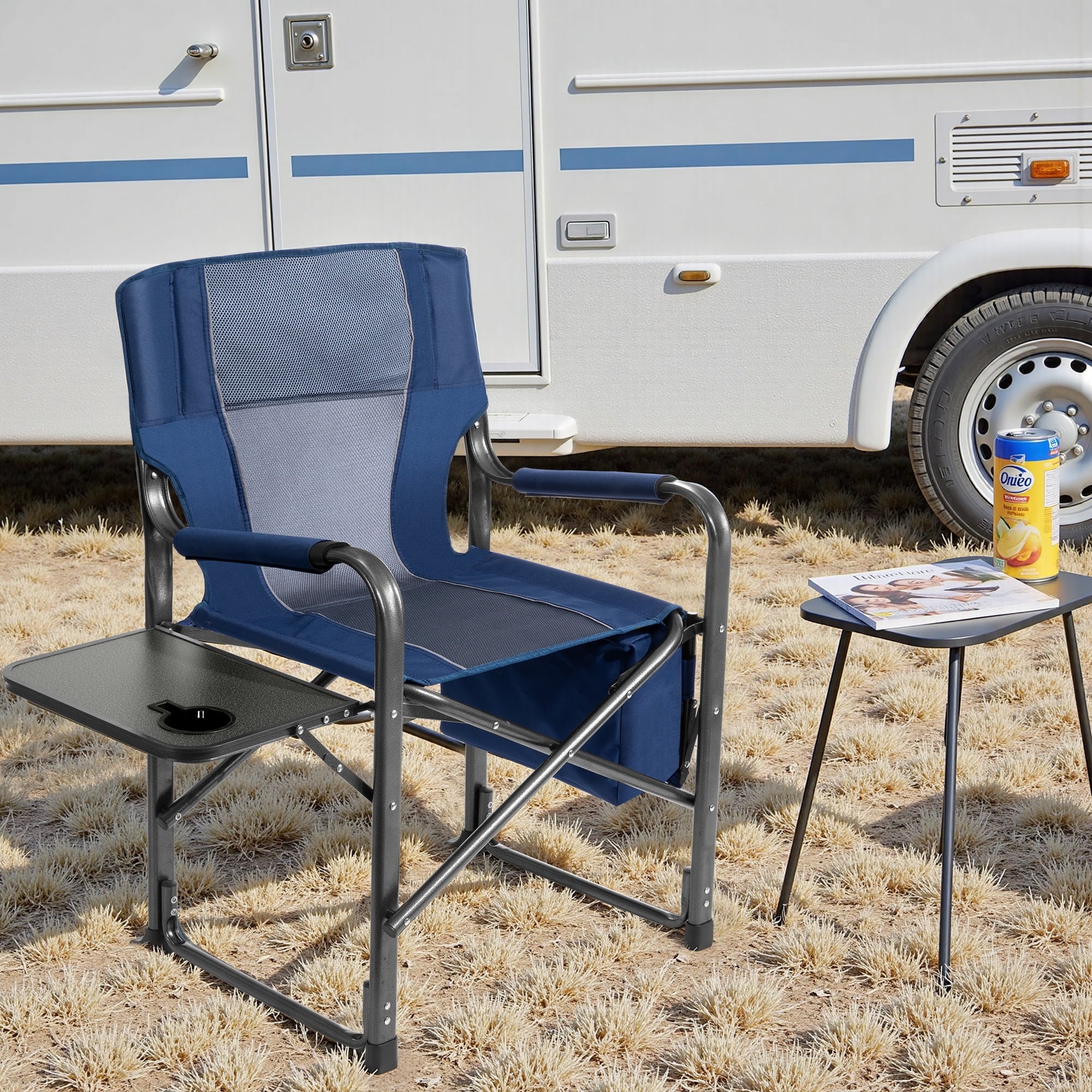 SUGIFT 300lbs Folding Camping Chairs with Cooler Bag Lawn Chairs with Side Table for Outdoor Lawn Sports Fishing Blue