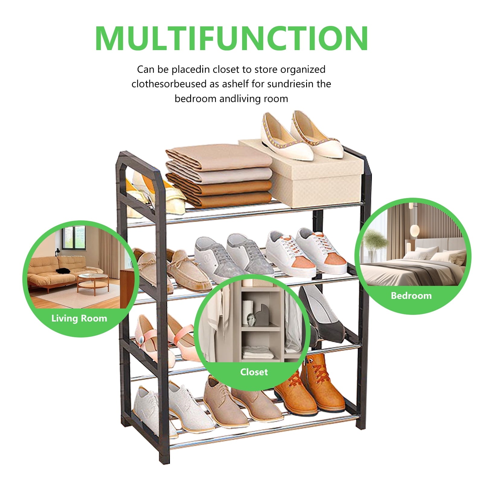 SUGIFT 4 Tier Shoe Rack Steel Shoe Shelves Organizer for Closet Hallway Bedroom Entryway Black