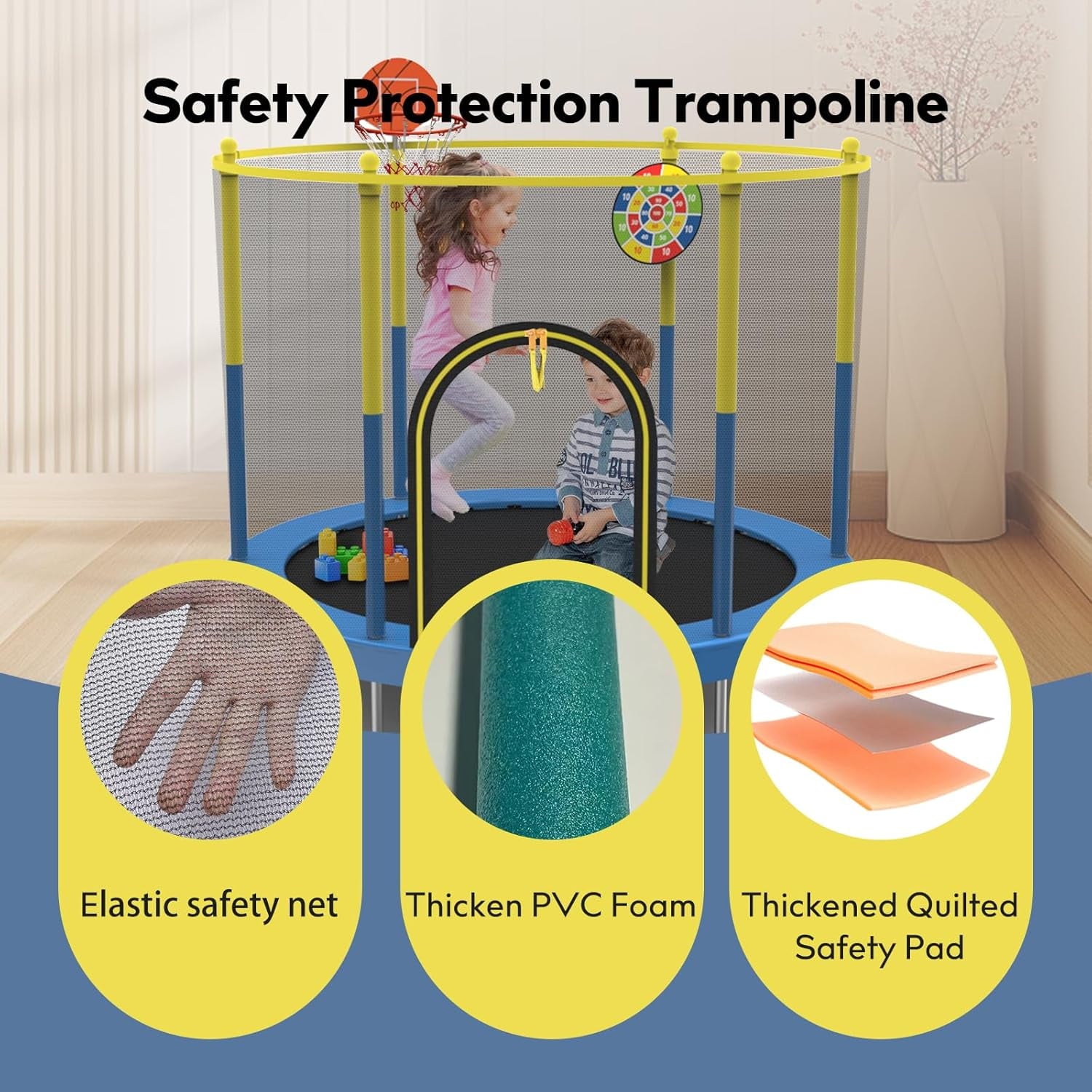 72in Trampoline for Kids with Net,6 FT Indoor & Outdoor Small Toddler Trampoline, Blue