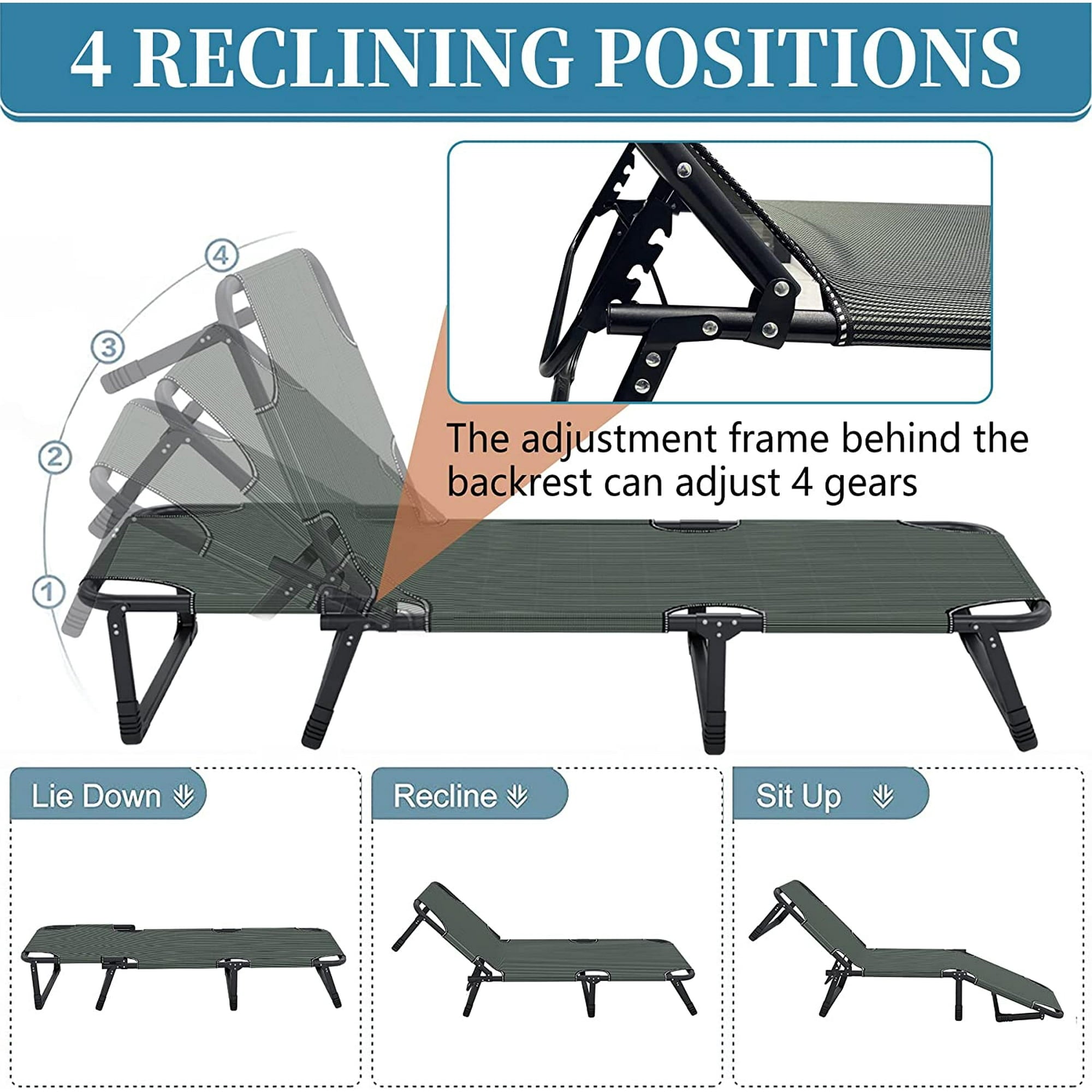 SUGIFT Folding Camping Cot, Adjustable 4-Position Adults Reclining Chairs with Mattress
