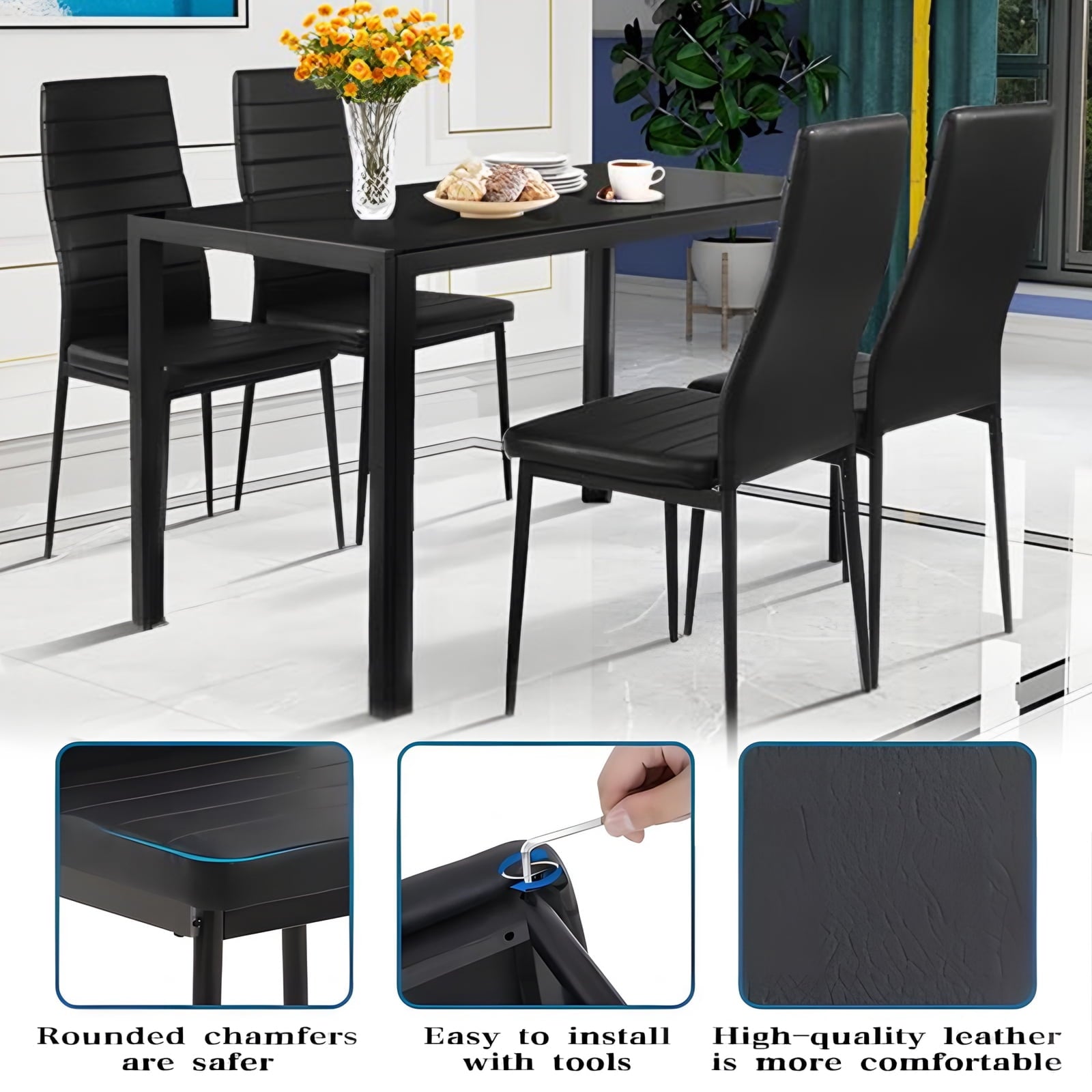 YouYeap 5 Piece Dining Table Set for 4 Glass Dining Table and 4 Chairs Black