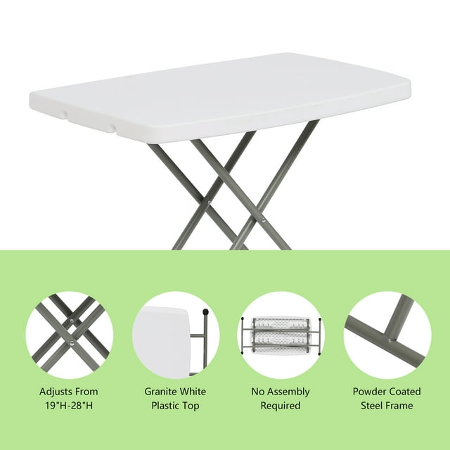 TBKLEY 30in Height Adjustable Folding Table TV Tray for Indoor Outdoor Use, White