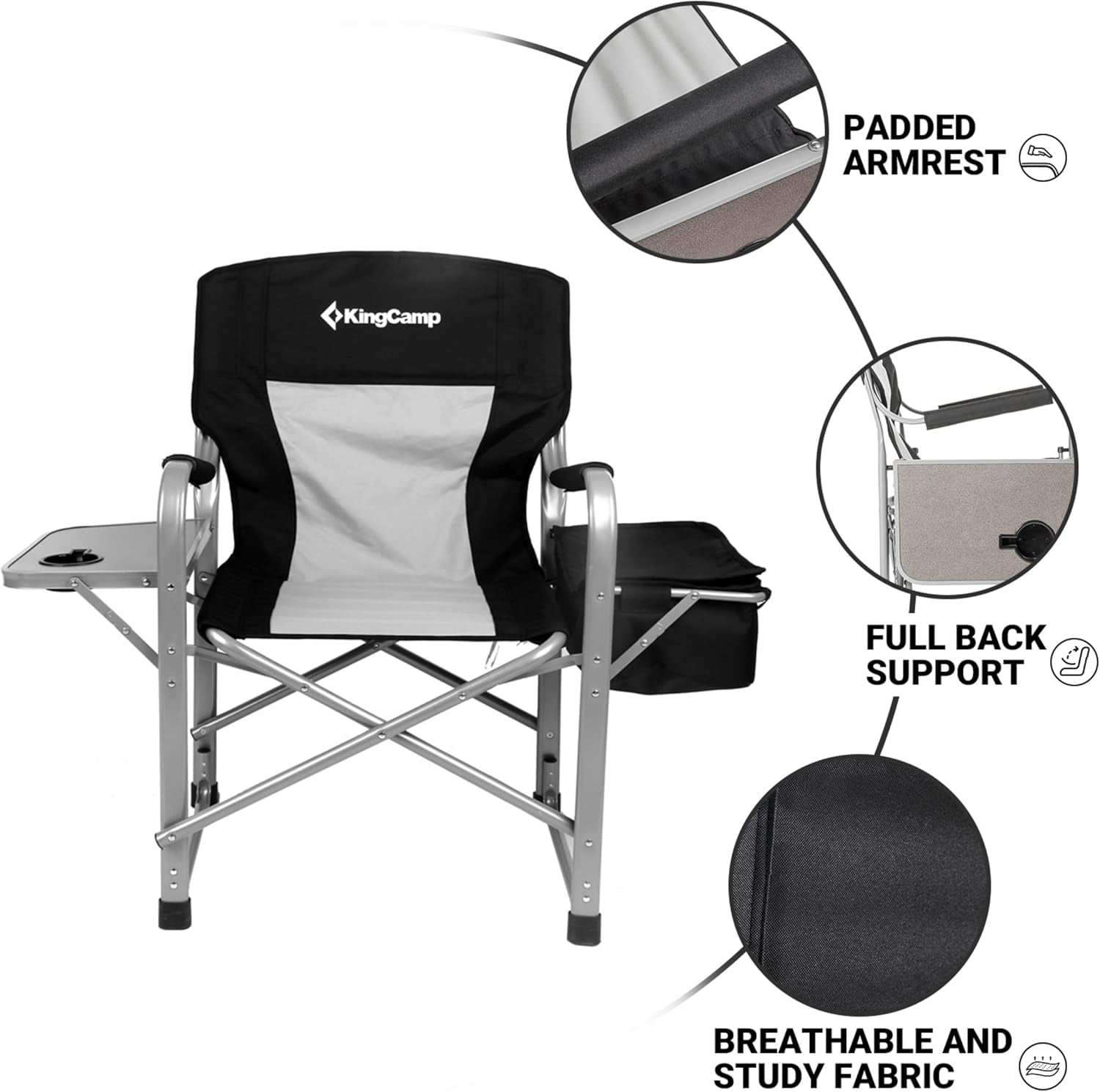 SUGIFT Folding Directors Heavy-Duty Camping Chair with Side Table & Cooler Bag, Portable Outside Lawn Chair for Travel, Picnic, Fishing