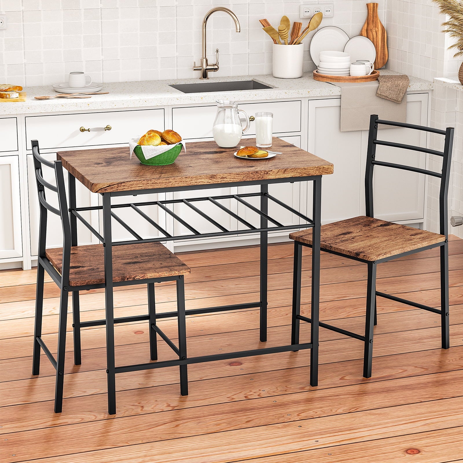 SUGIFT 3-Piece Modern Dining Table Set for 2, Square Table & Chairs Set w/ Steel Frame, Storage Rack, Brown