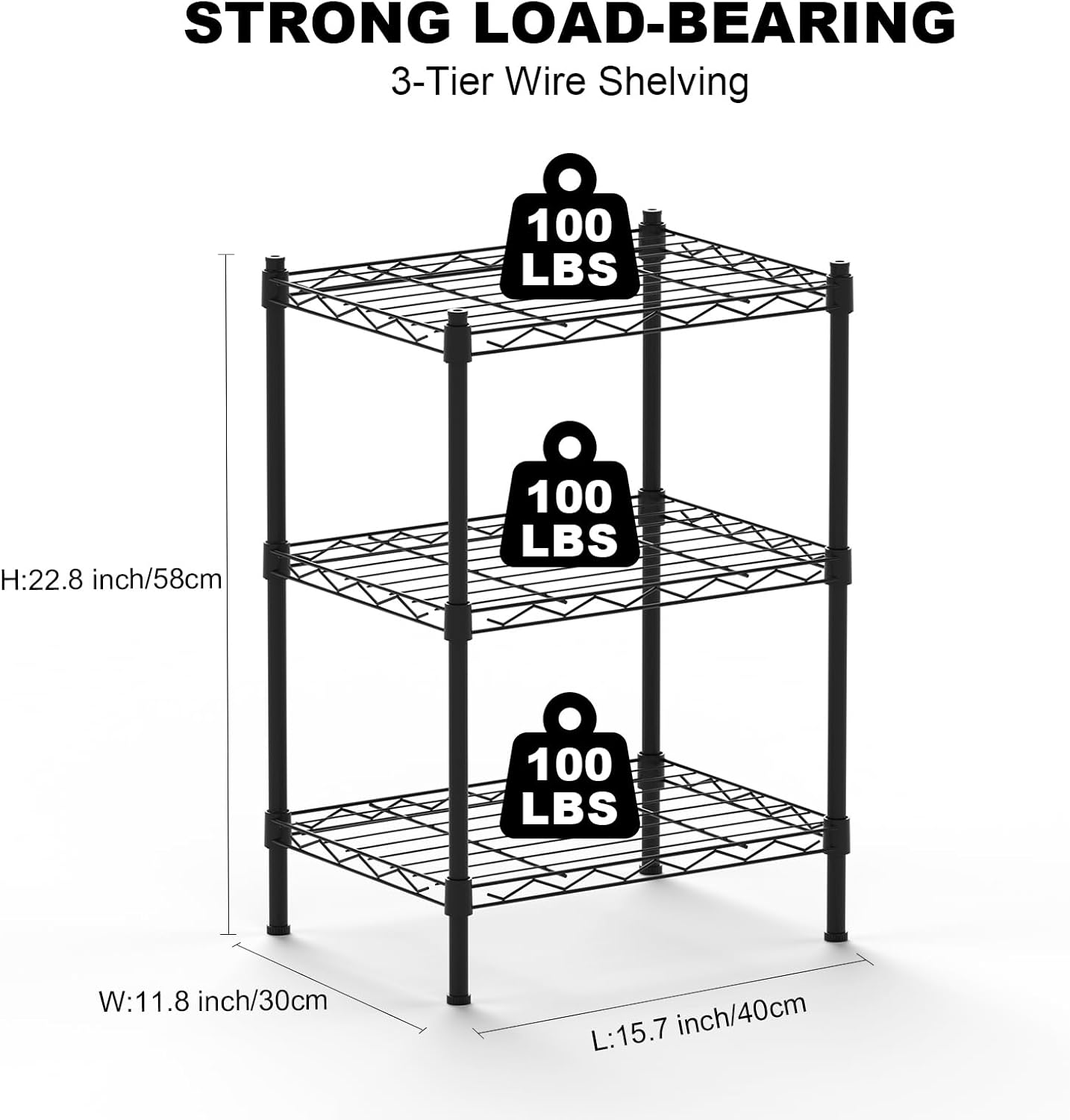 SUGIFT 3-Tier Strong Storage Shelving Unit Kitchen Metal Wire Shelving Organizer Unit with Anti-Sleep Feet Indoor Bathroom Black