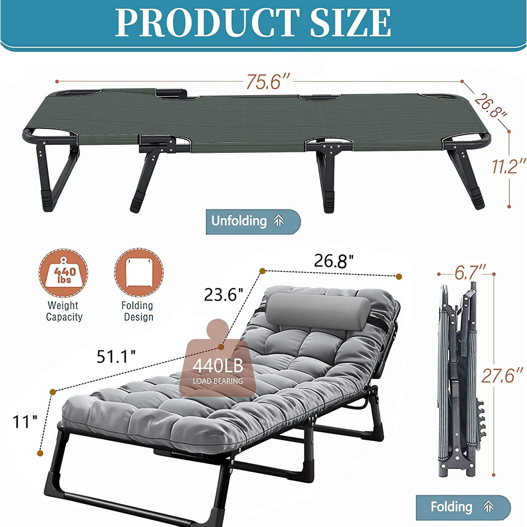 SUGIFT Folding Camping Cot, Adjustable 4-Position Adults Reclining Chairs with Mattress