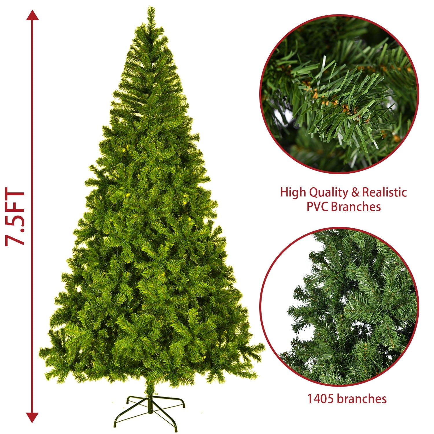 SUGIFT 7.5ft Premium PVC Christmas Tree 1405 Branches Metal Base Indoor Outdoor Green