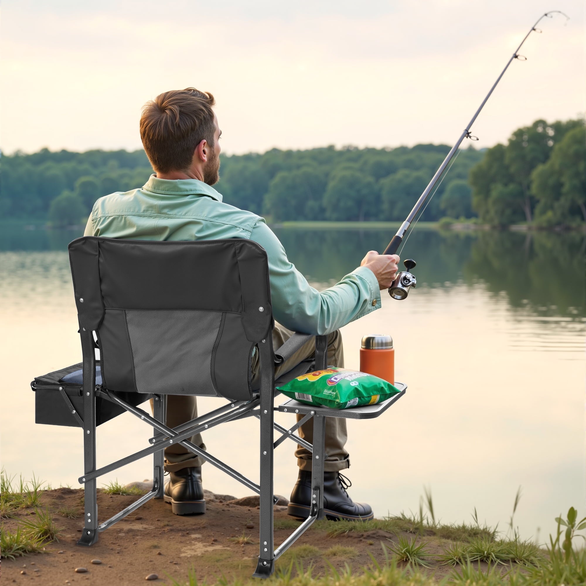 SUGIFT 300lbs Folding Camping Chairs with Cooler Bag Lawn Chairs with Side Table for Outdoor Lawn Sports Fishing Black