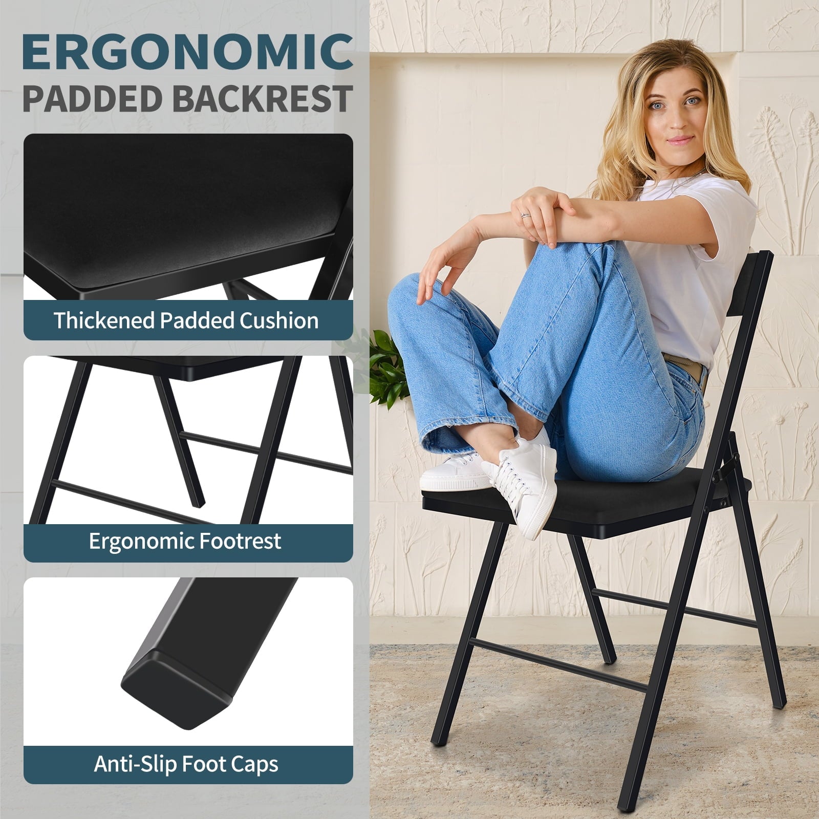 SUGIFT 4 Packs Folding Chairs with Padded Seats,Metal Frame with Velvet Fabric Seat for Indoor Outdoor (Black)