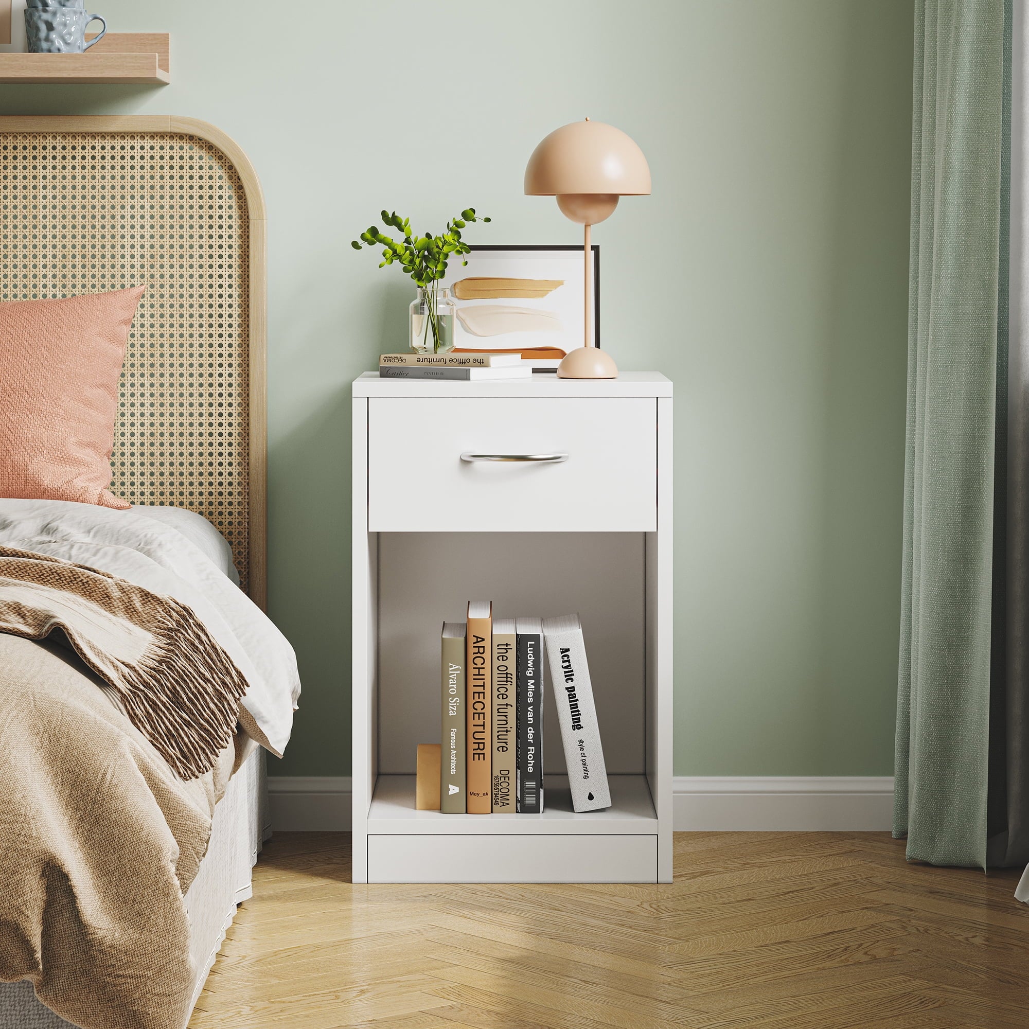 SUGIFT Nightstand with 1 Drawer, Compact Bedside Table for Bedroom, Sturdy White Finish