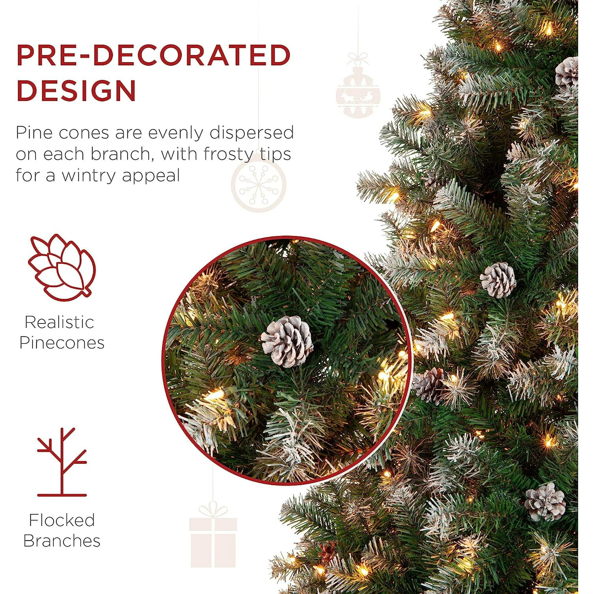 SUGIFT 7.5ft Pre-Lit Pre-Decorated Pine Hinged Artificial Christmas Tree