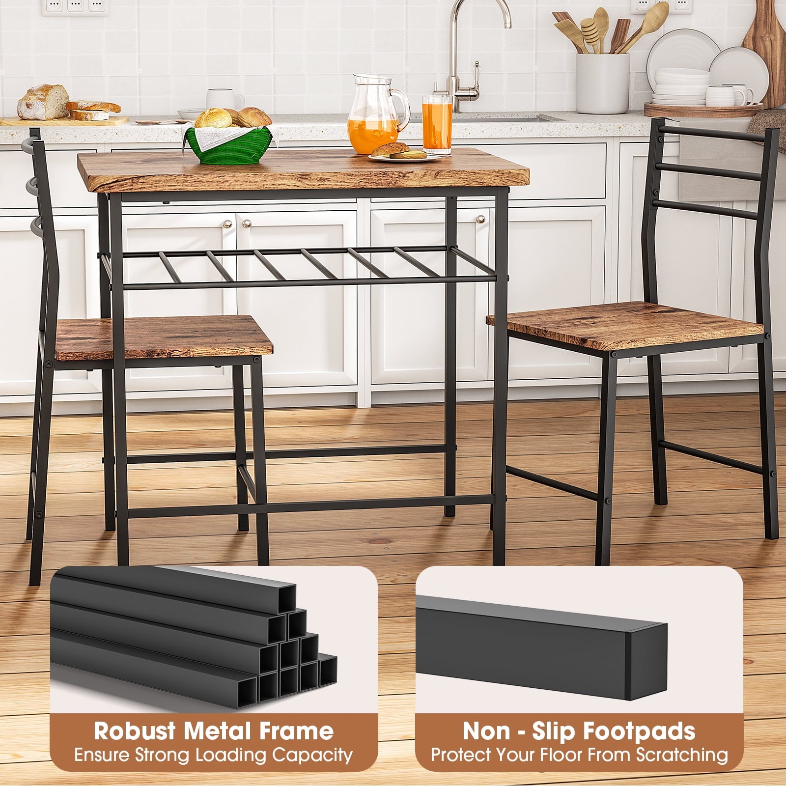 SUGIFT 3-Piece Modern Dining Table Set for 2, Square Table & Chairs Set w/ Steel Frame, Storage Rack, Brown