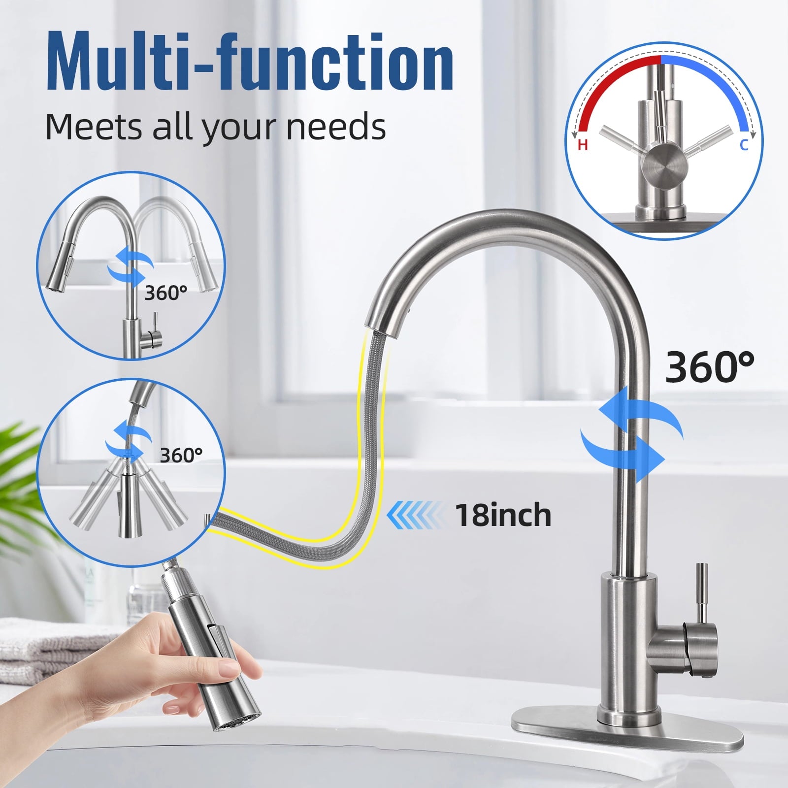 SUGIFT Kitchen Faucet with Pull Down Sprayer Stainless Steel Kitchen Sink Faucet with Deck Plate to Cover Hole