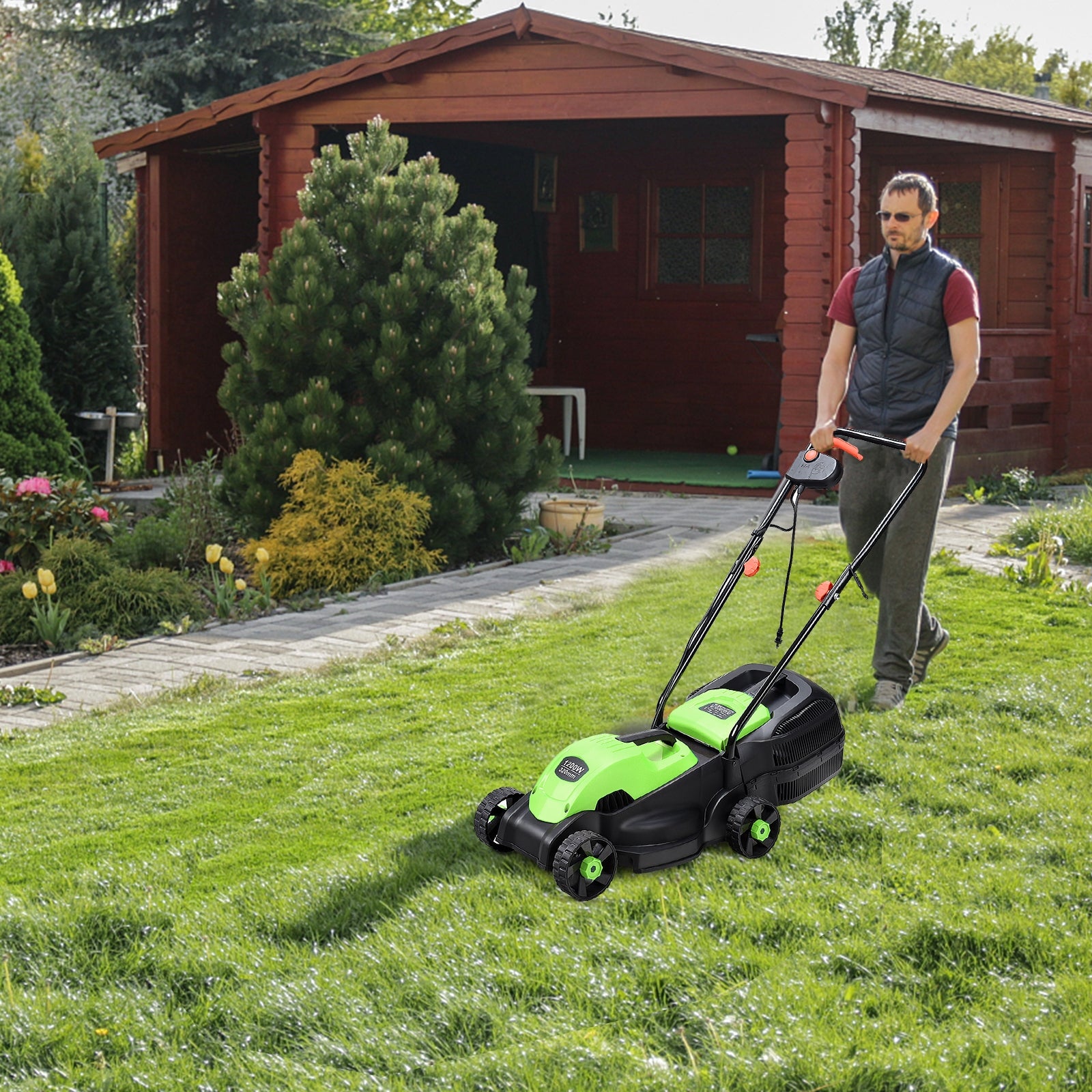 13 Inch Electric Push Lawn Corded Mower with Grass Bag-Green